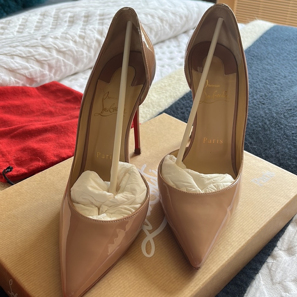 Christian Louboutin Nude Patent Leather Pigalle Pumps with Red Soles